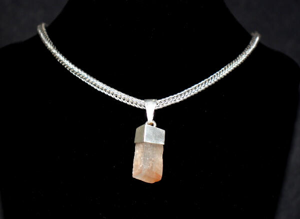 Raw Australian Orange Calcite Pendant in Pure Silver on Double Loop-in-Loop Chain Necklace