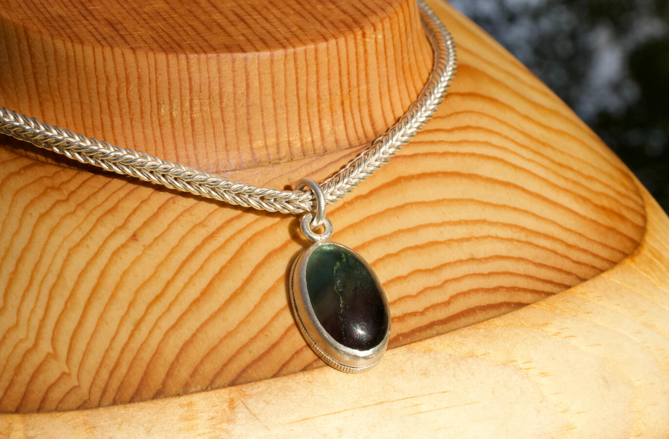 Deep Blue Gem Set in Silver Pendant on Double Loop-in-Loop Chain Necklace in Pure Silver