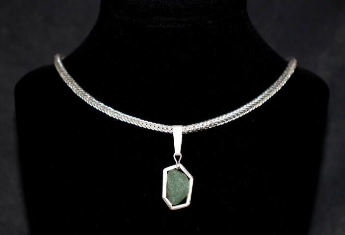 Raw Australian Emerald Tension-Set in Sterling Silver Pendant on Double Loop-in-Loop Chain Necklace in Pure Silver
