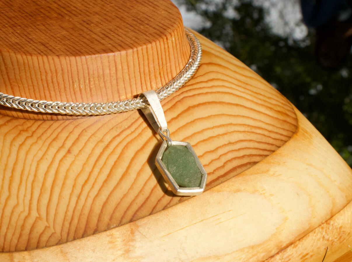 Raw Australian Emerald Tension-Set in Sterling Silver Pendant on Double Loop-in-Loop Chain Necklace in Pure Silver