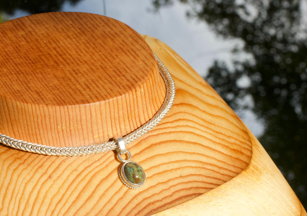 Blue Gem Turquoise Set in Pure Silver Pendant on Double Loop-in-Loop Chain Necklace in Pure Silver