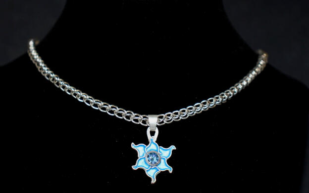 Blue Glass Enamel Solar Flare with 6mm Blue Topaz Pendant on Loop-in-Loop Chain Necklace in Pure Silver
