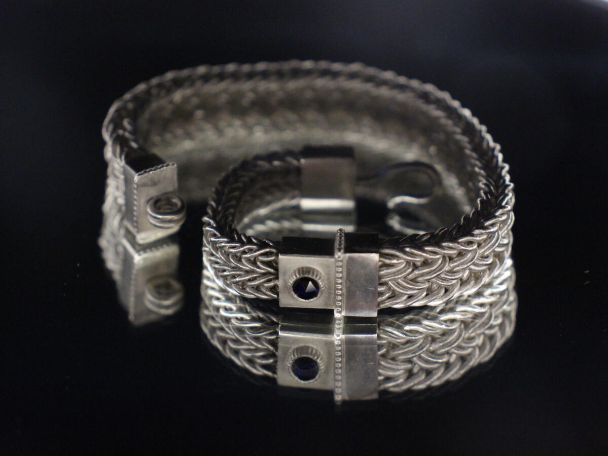 Thai Loop with Double Strand Double Loop-in-Loop Bracelet in Pure Silver with 4mm Sapphire &amp; Garnet